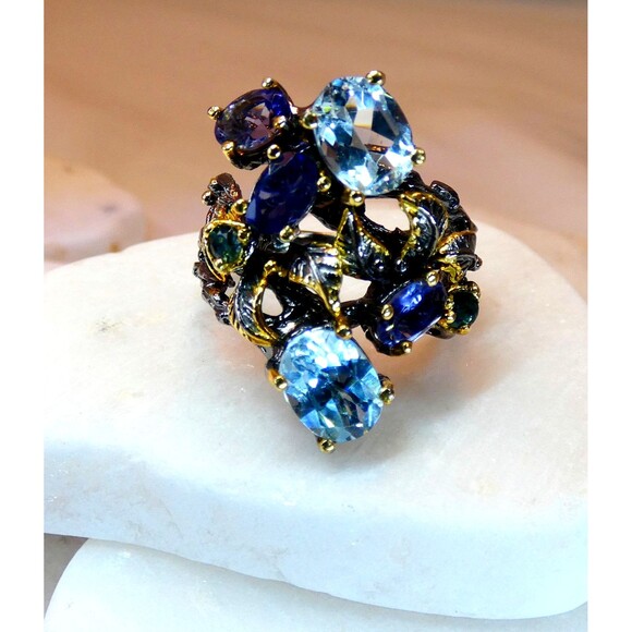 Stunning Blue Topaz- Iolite Sterling Silver Ring Botanical Vines Size 8 Cocktail - Picture 1 of 9